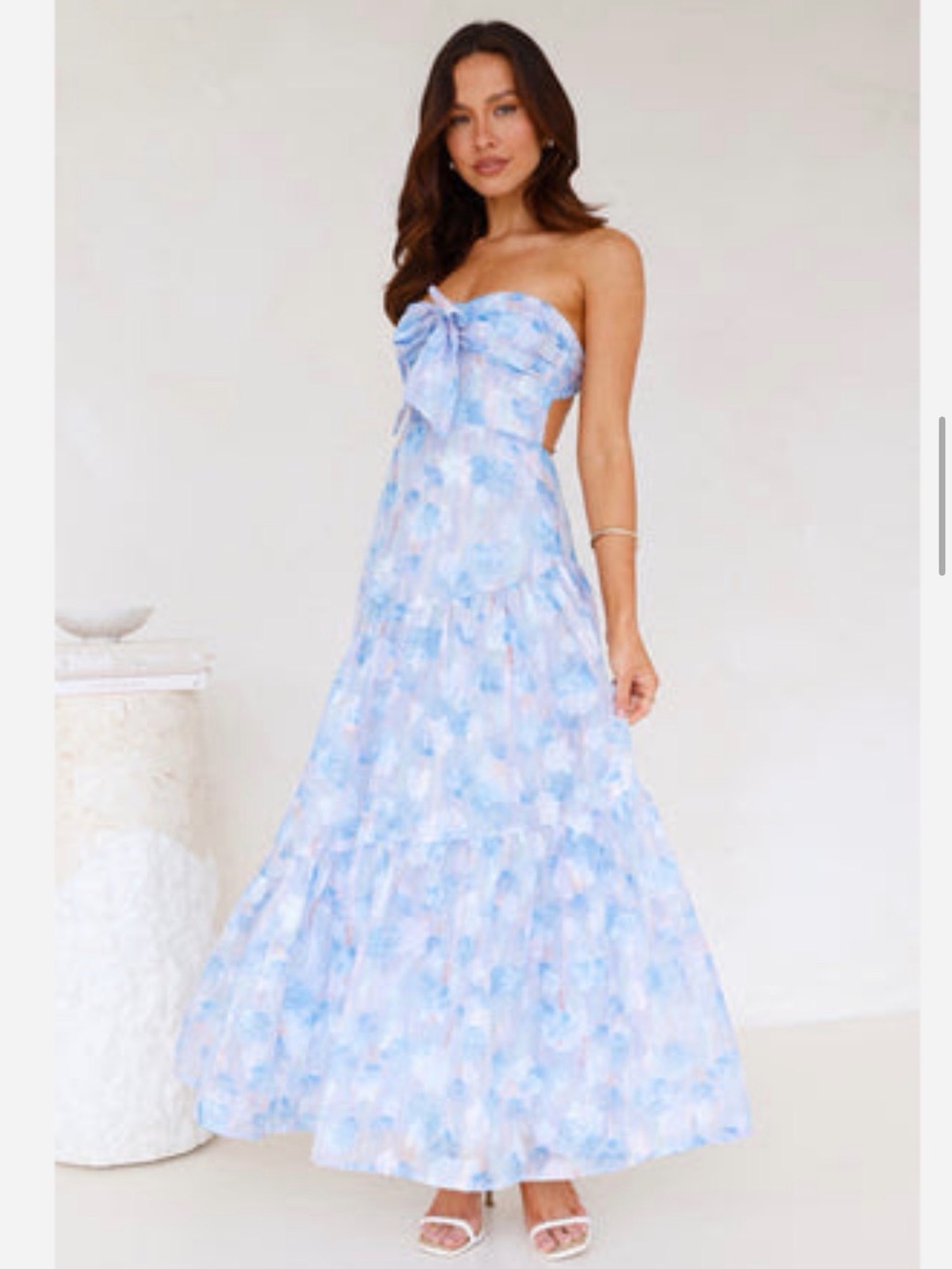 Strapless Bow-Front Maxi Dress in Light Blue Floral